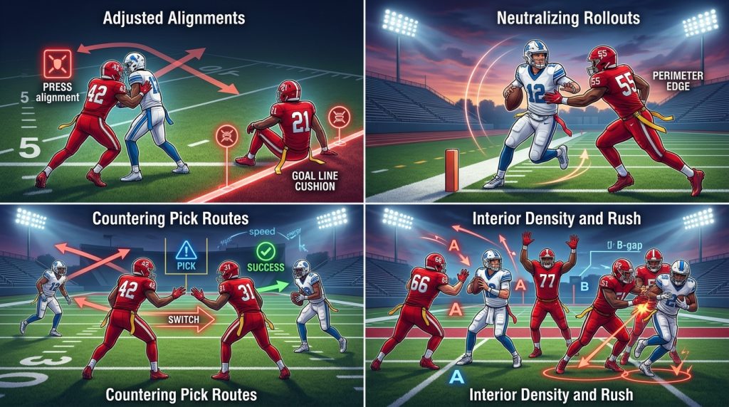 How to Defend the Red Zone in 9-on-9 Flag Football Defending inside the ten-yard line in 9-on-9 flag football requires a complete shift in defensive mindset. With the back boundary acting as an extra defender, safety cushions vanish, and reaction time shrinks to split seconds. Offenses rely on quick slants, rub picks, and jump balls to score, making leverage, tight communication, and disciplined goal-line technique essential to holding the line and forcing field goals or turnovers. ## Adjusting Defensive Alignments for a Condensed Field When the offense operates near the goal line, standard deep-coverage alignments become obsolete. Defensive backs must tighten their pre-snap leverage to contest fast releases. ### Pressing Receivers at the Line of Scrimmage Giving off-coverage near the goal line allows receivers easy slant routes into the end zone. Cornerbacks must align tightly to disrupt initial timing. #### Jamming Releases to Delay Route Development Jamming receivers at the snap disrupts the quick timing quarterbacks depend on, forcing the passer to hold the ball just long enough for the rush to collapse the pocket. ### Shrinking Safety Cushion Depths Safeties standing ten yards deep inside the red zone end up standing out of bounds. Secondary players must roll forward to congest intermediate lanes. #### Enforcing a Hard Back-Line Boundary Safeties should sit right on the goal line, using the end zone boundary to restrict high-low passing concepts and trap high-pointing receivers. ## Countering High-Percentage Goal-Line Concepts Offensive coordinators lean on a specific menu of plays when field space shrinks. Anticiapting these go-to concepts allows your defense to react instantly. ### Neutralizing Rubs and Mesh Pick Routes Offenses frequently run intersecting crossing routes to pick man-to-man defenders into collisions near the line of scrimmage. #### Calling Automatic Pre-Snap Switches When receivers align in tight splits, defenders must communicate a pre-snap switch call, swapping targets instantly when receivers cross to prevent getting caught in traffic. ### Stopping Executive Rollouts and Sprint-Out Options Moving the quarterback to the outside cuts the throw distance in half and creates dangerous run-pass options along the boundary. #### Maintaining Outside Edge Leverage The edge defender or outside rusher must set a firm perimeter, keeping their outside shoulder free to prevent the quarterback from turning the corner. ## Increasing Pass Rush Aggression and Interior Density With shorter pass routes developing in under two seconds, the defensive front must bring immediate pressure to prevent clean throws. ### Sending Targeted Goal-Line Blitzes Bringing an extra rusher off the edge forces the quarterback into rushed decisions before receivers can finish their route breaks. #### Clogging Throwing Lanes with Raised Hands Defensive linemen who cannot reach the quarterback in time must immediately break down and raise their arms to bat down low-trajectory goal-line throws. ### Securing the Goal Line Against Interior Draws Offenses often fake quick passes to slide a running back through weak interior gaps for a walk-in touchdown. #### Filling B-Gaps with Linebacker Flow Linebackers must key the center's snap and immediately fill interior gaps, shooting low to pull flags before the runner crosses the goal line plane.